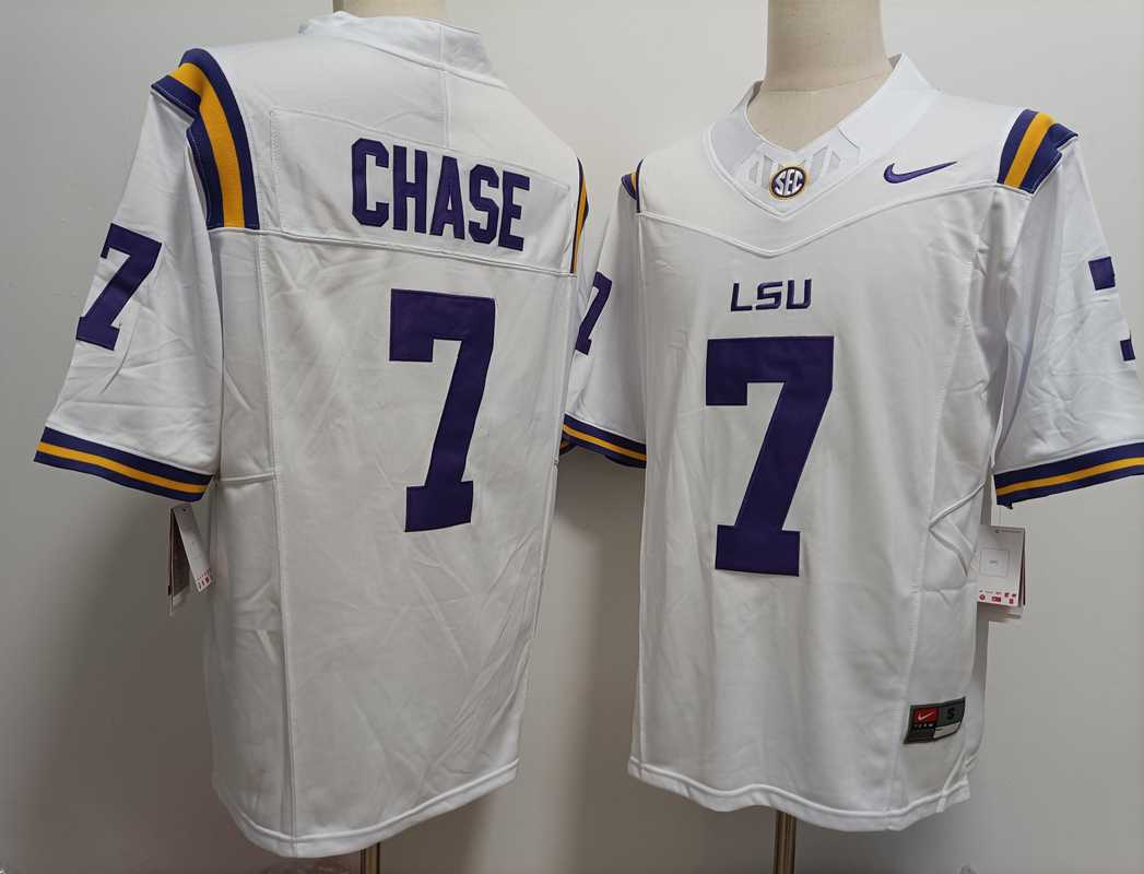 Mens LSU Tigers #7 JaMarr Chase White FUSE College Stitched Jersey